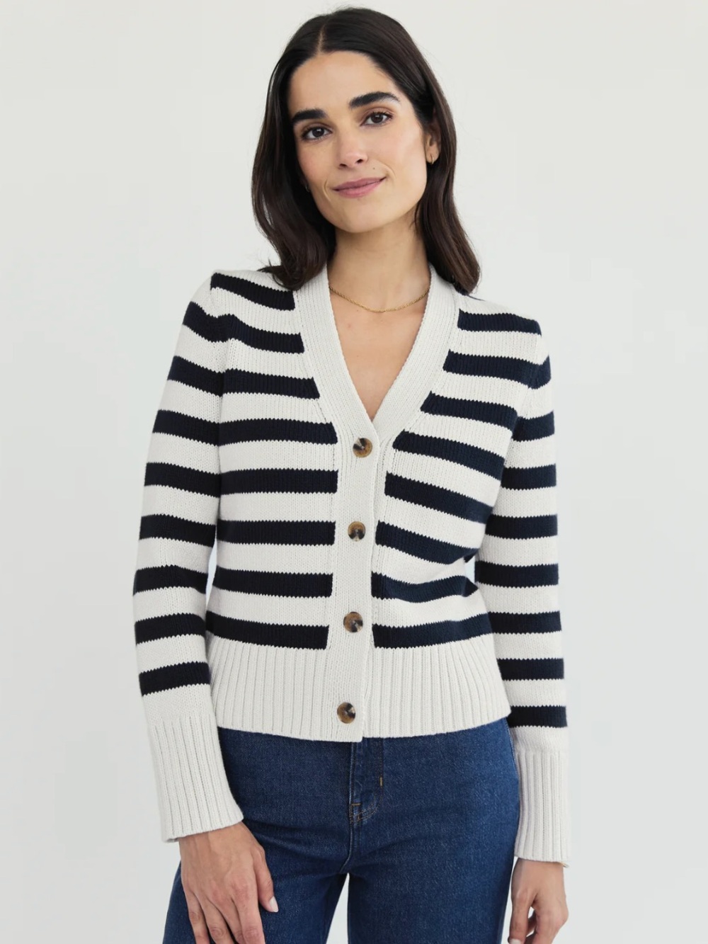 State Of Cotton NY Women’s Peyton Navy & Cream Striped Cardigan Sweater Small S